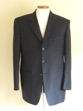 Burberry London Jacket Mens 42R Navy Blue Striped 3 Button Single Vent 100% Wool